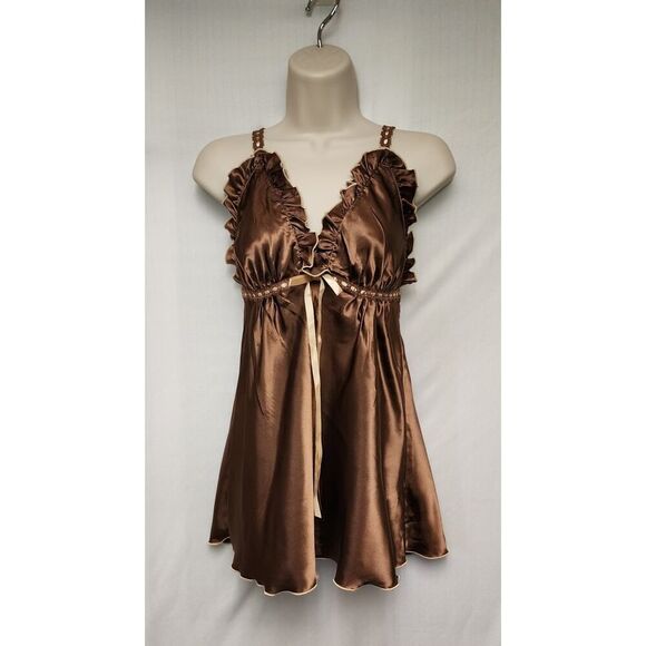Seductivewear by Cinema Satin Brown/Cream Babydoll Size Small - Picture 2 of 6